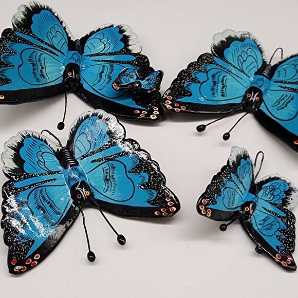 Hand Painted Ceramic Butterfly Wall Decor Hanging Blue & Black Set of 4 - Picture 7 of 8